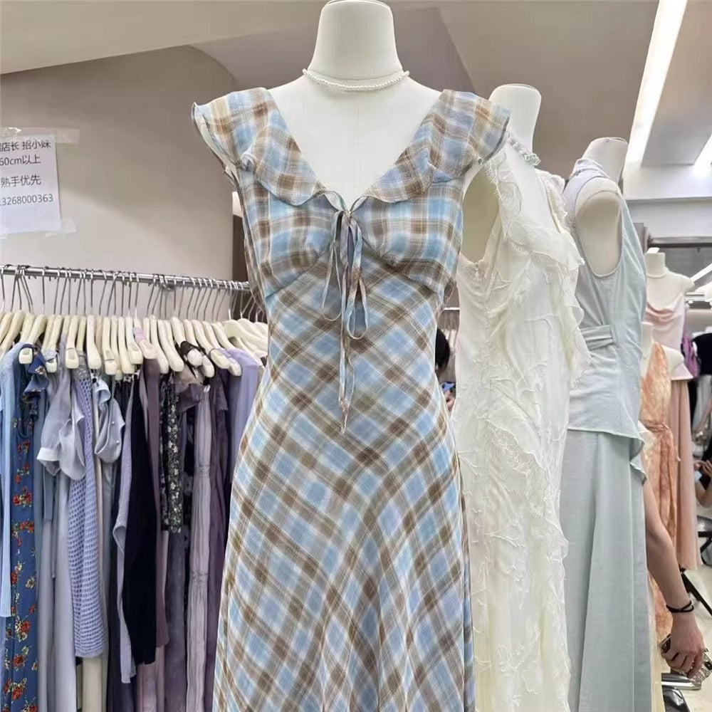 Fashion New Summer French Elegant Temperament Gentle Ruffled Plaid Dress Women's Summer Slimming Age-Reducing Long Dress