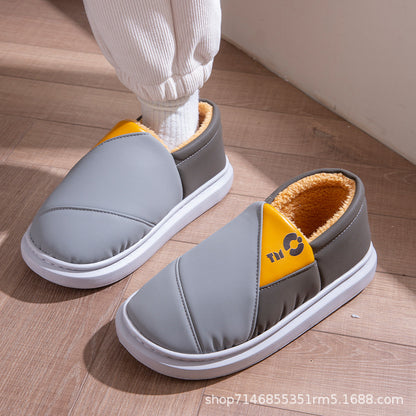 New Leather Waterproof Cotton Slippers for Women in Winter Indoor Thick-Soled Warm Home Fleece-Lined Bag and Couple Wool Slippers for Men