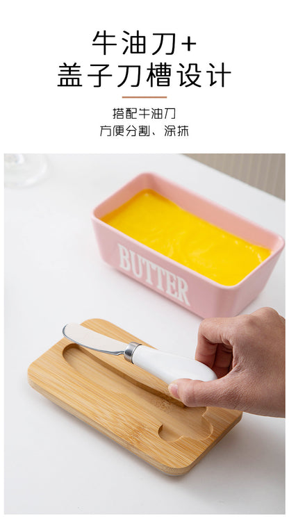 Ceramic Butter Box Rectangular Butter Sealing Box Cuttable Refrigerated Refrigerator Cheese Storage Box with Wooden Lid Butter Dish