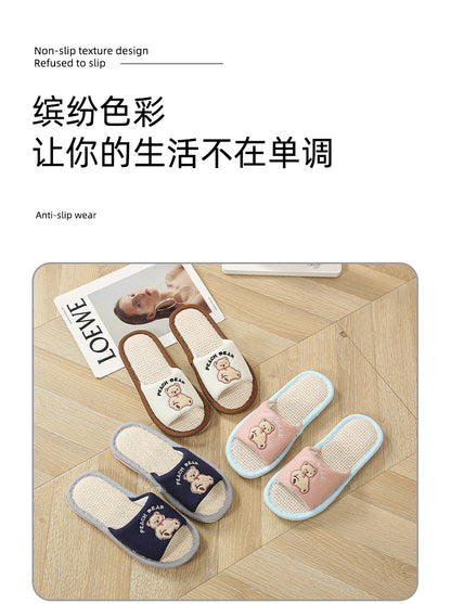 Bear Style Indoor Linen Slippers for Women Summer Home Non-Slip Women's Spring & Fall Seasons Fabric Floor Mops