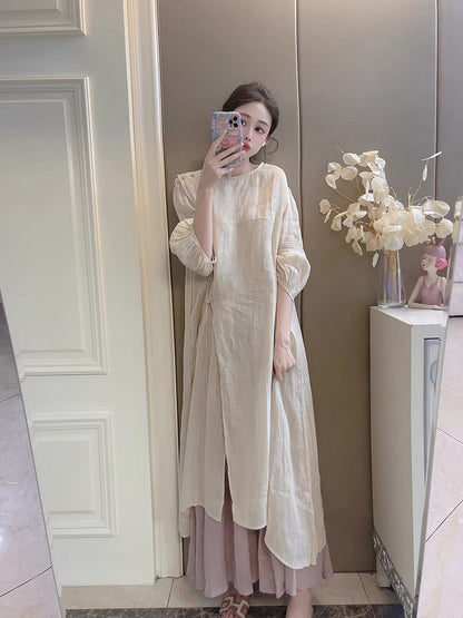 Summer New Style Quality Ramie Handmade Buckle Lace Lace Guofeng dress Double-Layer Skirt suit