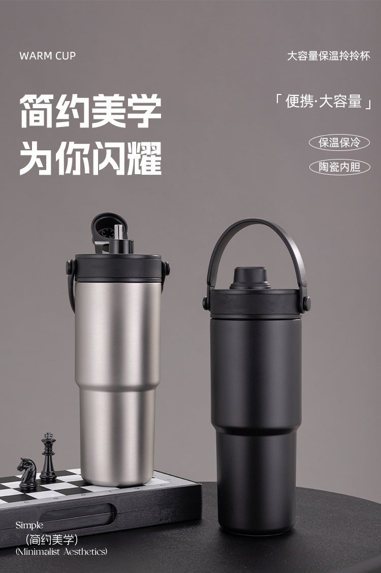 Cross-border high-value 316 stainless steel thermos cup large-capacity double-drink ceramic liner car cup portable handle cup