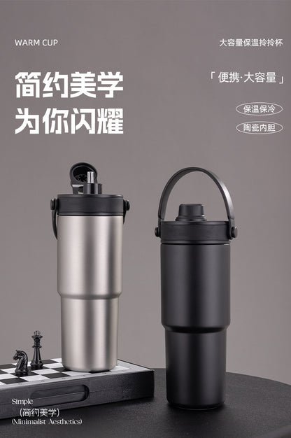 Cross-border high-value 316 stainless steel thermos cup large-capacity double-drink ceramic liner car cup portable handle cup