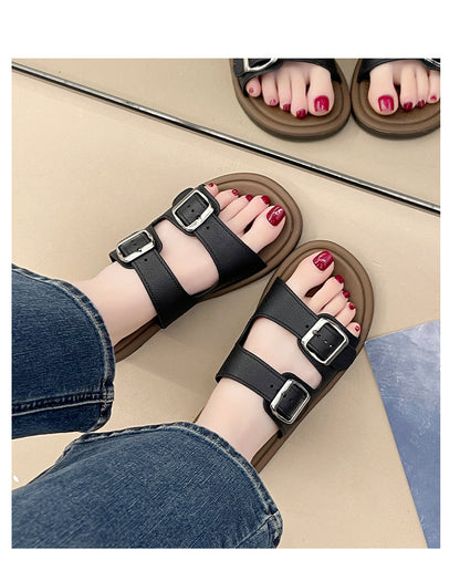 Cross-Border Slippers for Women Summer Flat Slippers Southeast Asia New Double Buckle Foreign Trade Fashion Outer Wear Beach Sandals