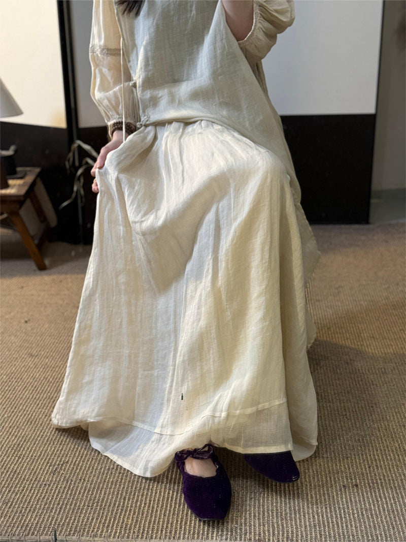 Summer New Style Quality Ramie Handmade Buckle Lace Lace Guofeng dress Double-Layer Skirt suit