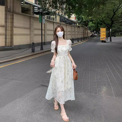 Gentle Floral Dress for Women, Summer 2026 New Chiffon Seaside Vacation First Love Dress, Puff Sleeve Long Dress