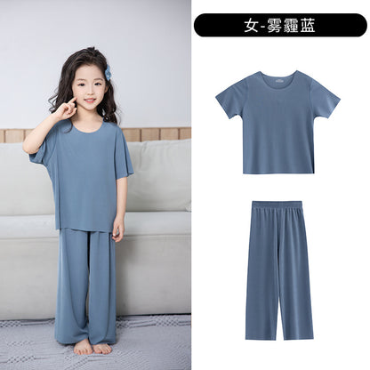 Summer New Style Boys' Short-Sleeved Loose Seamless Ice Silk Home Clothes Children's Two-Piece Set Girls' Pajamas Set Wholesale
