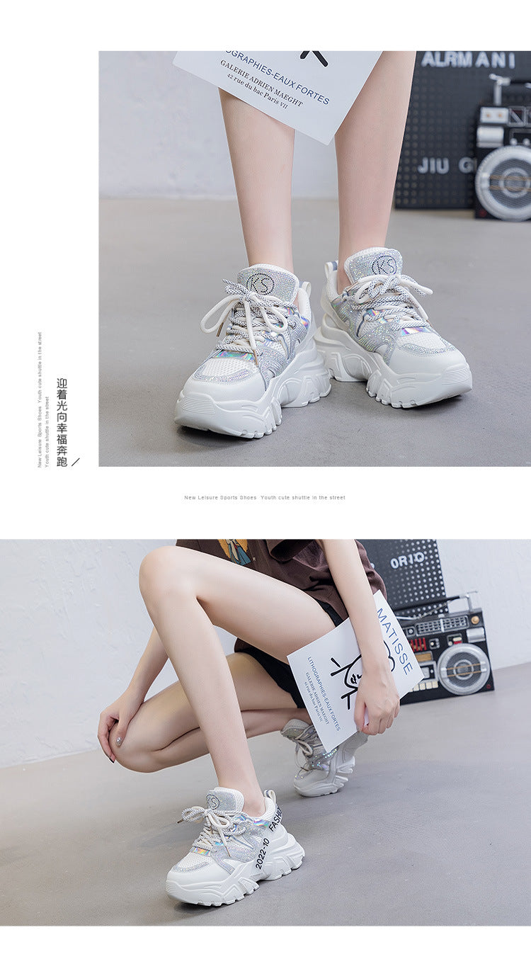 2026 Spring and Autumn Style Dad Shoes, Internet Celebrity Rhinestone Breathable Genuine Leather Shoes for Petite People, Popular Purple Thick-Soled Sports Shoes, Trendy on Instagram