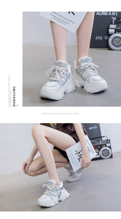 2026 Spring and Autumn Style Dad Shoes, Internet Celebrity Rhinestone Breathable Genuine Leather Shoes for Petite People, Popular Purple Thick-Soled Sports Shoes, Trendy on Instagram