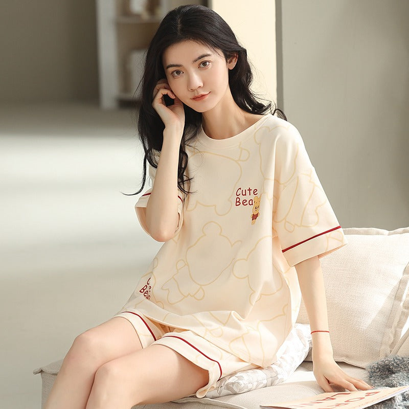 New Style Pajamas Women's Summer Short-sleeved Pullover Thin Cartoon Cartoon Bear Girl Home Clothes suit Women's Outwear