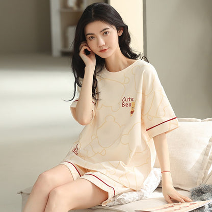 New Style Pajamas Women's Summer Short-sleeved Pullover Thin Cartoon Cartoon Bear Girl Home Clothes suit Women's Outwear