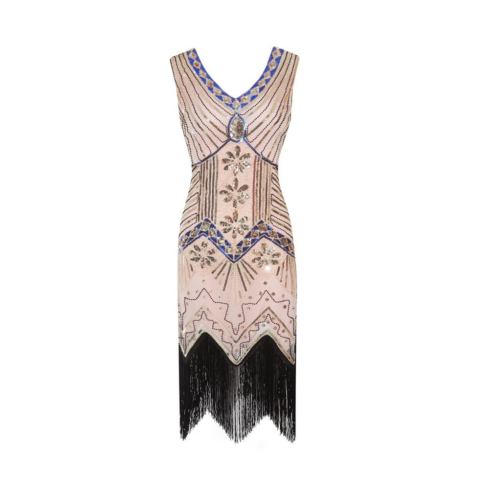 S-4Xl Amazon Wish Real Shot 1920S Retro Sequin Dress Handmade Beaded Tassel Plus Size Evening Dress