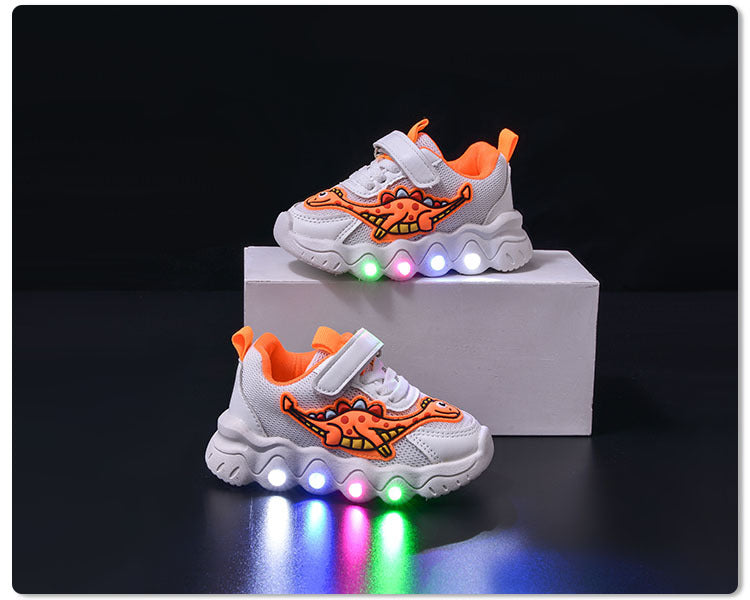 Spring New Style Dinosaur Led Light Sneakers for Boys and Girls Spring & Fall New Mesh Breathable Casual Light Shoes for Children and Middle-Aged Children