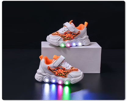 Spring New Style Dinosaur Led Light Sneakers for Boys and Girls Spring & Fall New Mesh Breathable Casual Light Shoes for Children and Middle-Aged Children