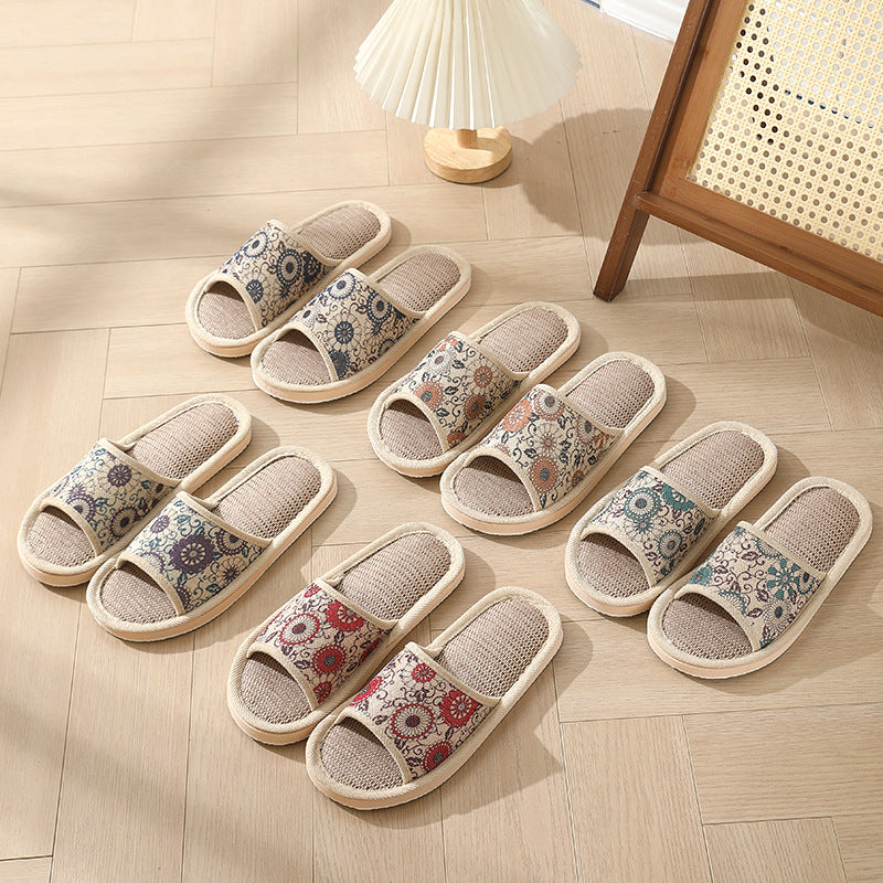 New Summer Open-Toe Home Slippers, Non-Slip, for Men and Women, Couples, Indoor, Blue and White Porcelain, Wooden Floor, Light Foam Sole, Cotton and Linen