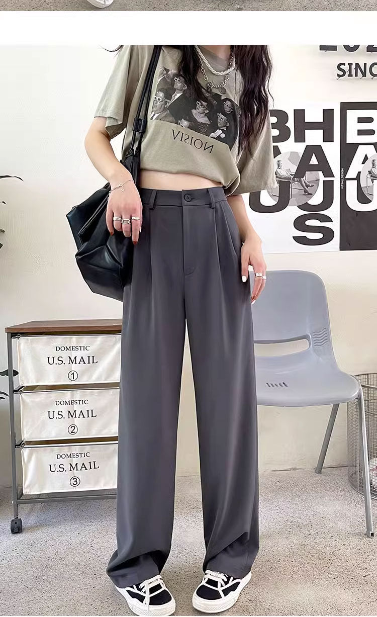 Gray Suit Pants for Women Spring and Summer New High-Waisted Double Pleated Slim Floor-Length Trousers Casual Straight Wide-Leg Pants
