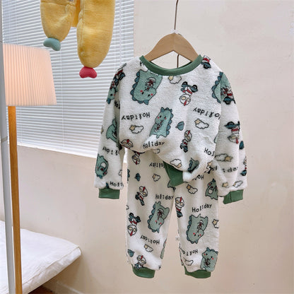 Men's and Women's Flannel Pajamas suit Autumn and Winter Middle and Big Children's Warm fleece-lined Thickened Autumn Clothes and Pants Home Clothes