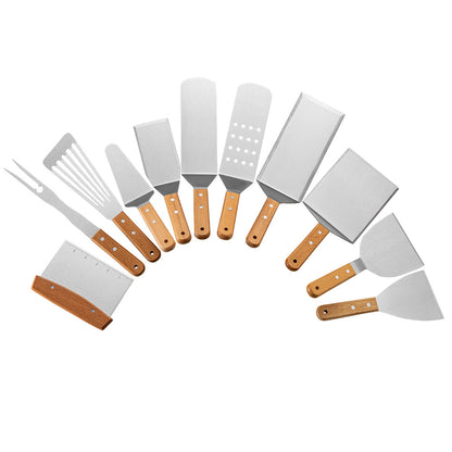 Wooden Handle Stainless Steel Spatula Korean Teppanyaki Cooking Spatula Steak Spatula Pancake Pizza Spatula Tool Set