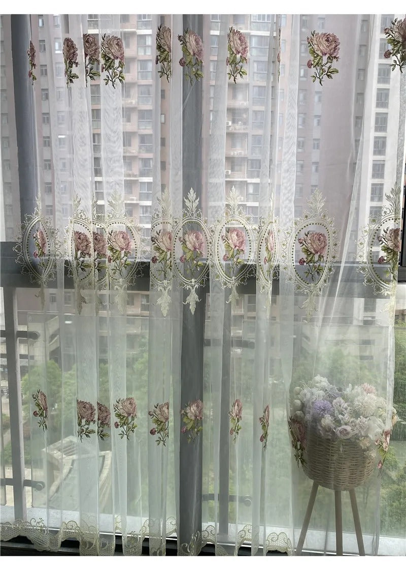American Luxury Peony Embroidery Tulle Curtains for Living Room European Elegant Flower Embroidered Sheer Voile Bedroom Window