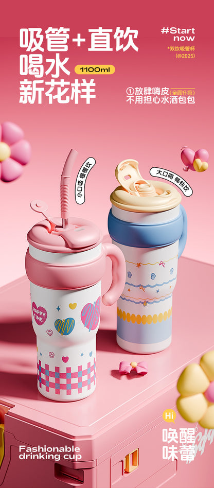 New Model Giant Double Drinking Straw Thermos Cup, Large Capacity Water Bottle for Women, High Aesthetic Value, Ice-Retaining with Handle