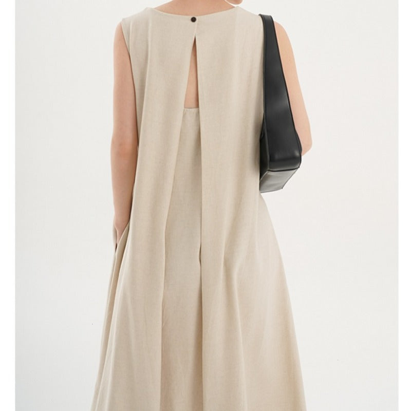 Korean Chic2026 Summer French Design Loose Backless Sleeveless Vest Dress Casual Age-Reducing Long Dress