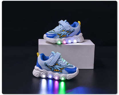 Spring New Style Dinosaur Led Light Sneakers for Boys and Girls Spring & Fall New Mesh Breathable Casual Light Shoes for Children and Middle-Aged Children