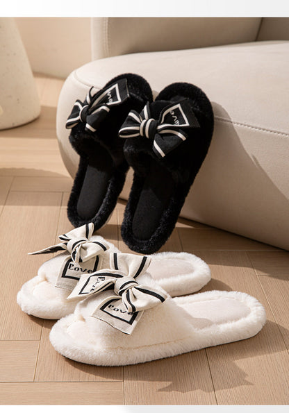 Foreign Trade Cross-Border Open-Toe Furry Bow Women's Indoor Home Wooden Floor Four-Season Furry Slippers