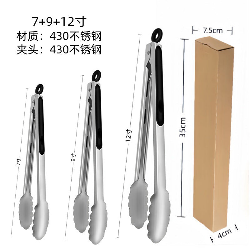 Cross-Border High-Temperature Resistant Steak Grilling Tongs 430 Stainless Steel Anti-Scalding Thickened Barbecue Tongs Kitchen Tools Food Tongs