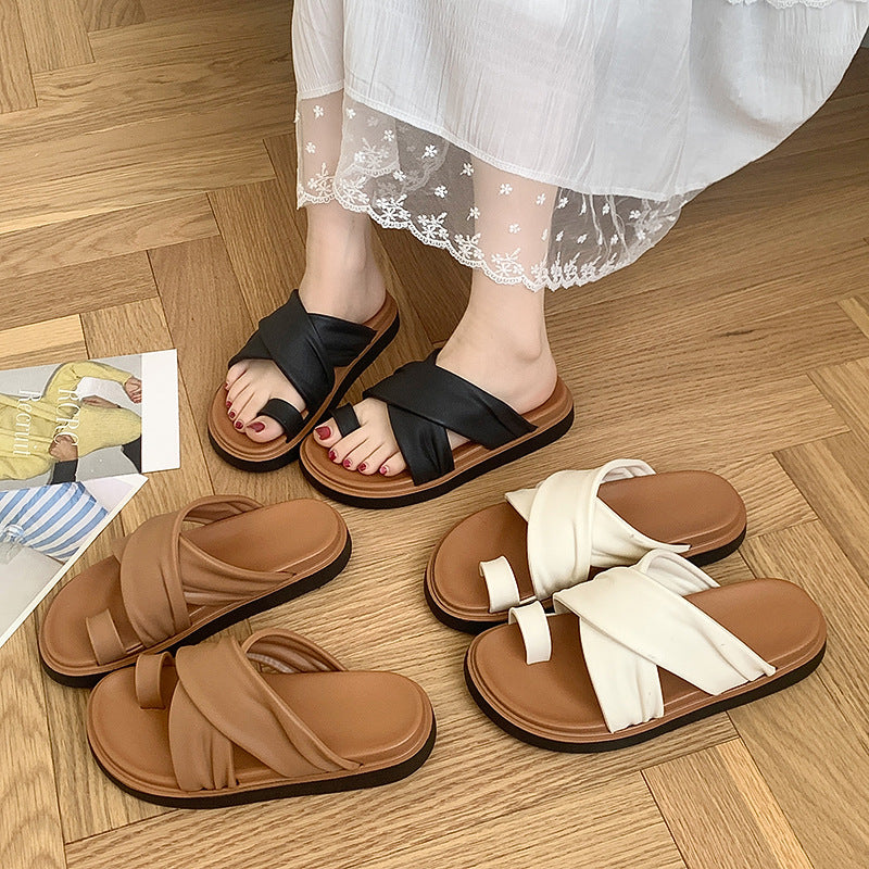 Thick-bottom Slippers Women's 2025 Summer New Beach Outer Wear Cross-belt Cross-border Foreign Trade Flat Beach Sandals