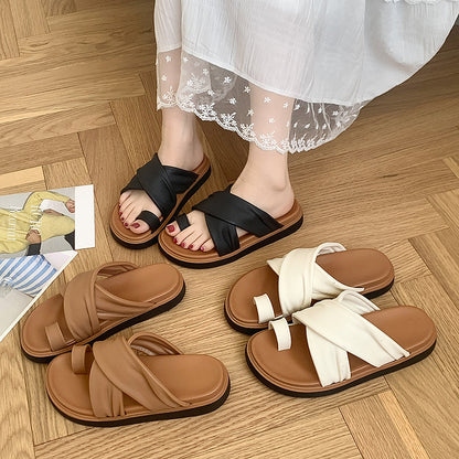 Thick-bottom Slippers Women's 2025 Summer New Beach Outer Wear Cross-belt Cross-border Foreign Trade Flat Beach Sandals