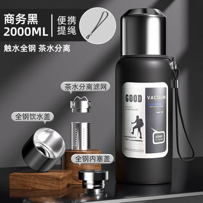 Outdoor Large-Capacity All-Steel Kettle for Men, Tea-Water Separation Vacuum Insulated Cup, 316 Stainless Steel Hiking Sports Water Cup