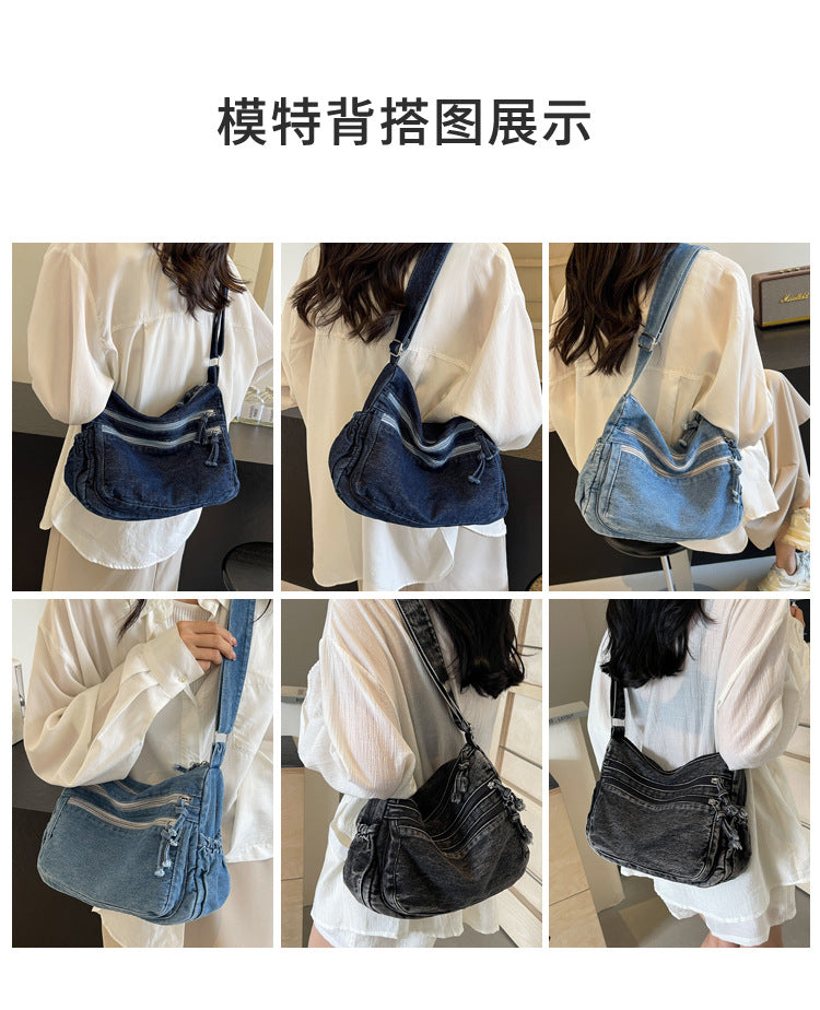 Casual Denim Shoulder Bag Japanese Harajuku Style Canvas Bag for Women 2026 New Large Capacity Simple Crossbody Bag