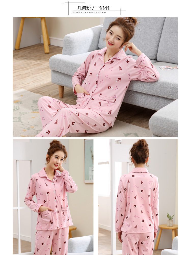 Autumn and Winter Women's 100 Pure Cotton Pajamas Women's Loose Cardigan for Middle-aged and Elderly Mothers Spring and Autumn Long-sleeved Casual Home Clothes