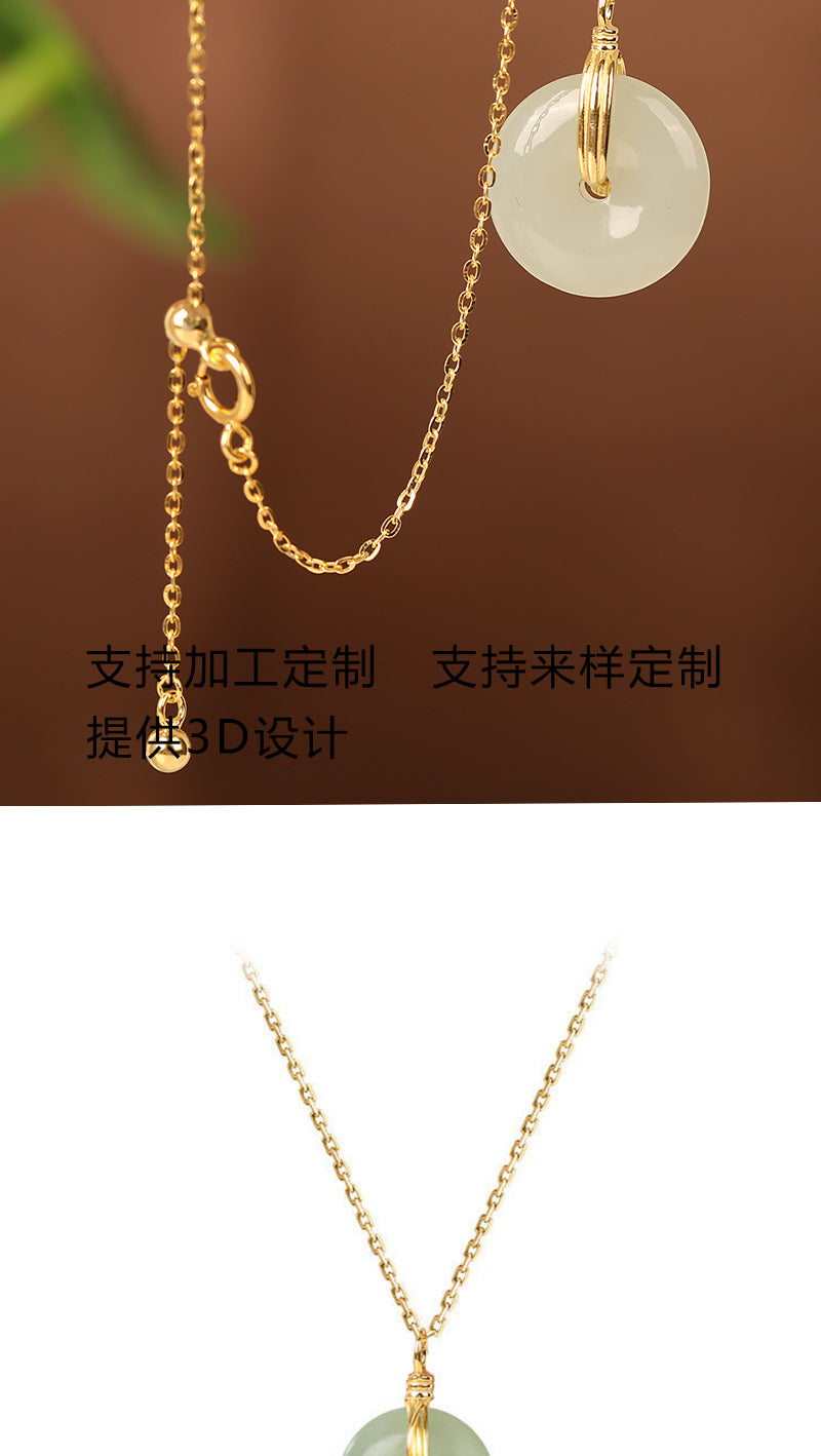 S925 Sterling Silver Clavicle Necklace Women's New Chinoiserie Natural Hetian Jade Safety Buckle Pendant Retro Accessible Luxury Simple Accessories