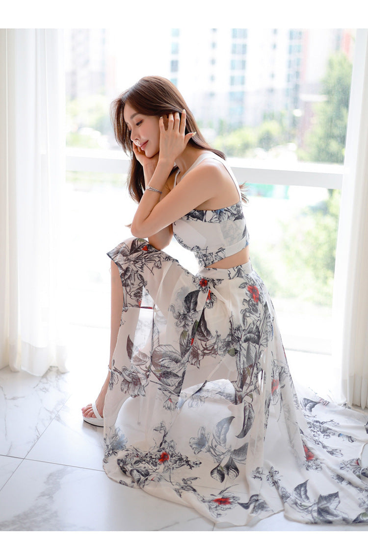 Foreign Trade Women's 2025 Summer New Temperament Sling Long Dress Fashion Waist Chiffon Printed Large Swing Dress dress