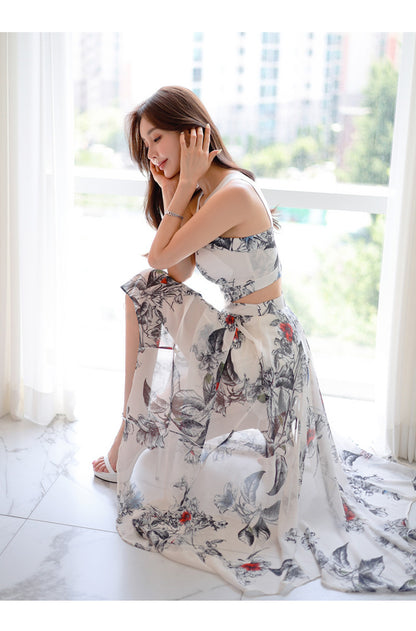Foreign Trade Women's 2025 Summer New Temperament Sling Long Dress Fashion Waist Chiffon Printed Large Swing Dress dress