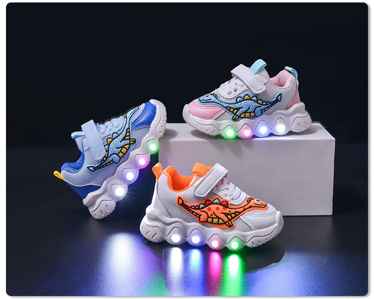 Spring New Style Dinosaur Led Light Sneakers for Boys and Girls Spring & Fall New Mesh Breathable Casual Light Shoes for Children and Middle-Aged Children
