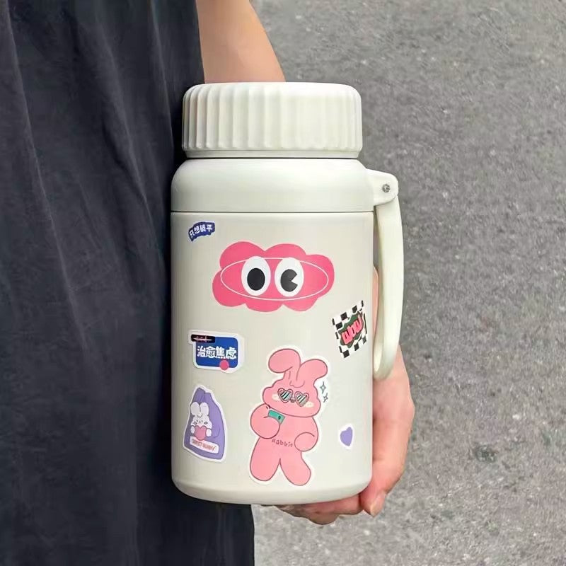Cartoon cute high-value large-capacity new thermos stainless steel outdoor sports portable rope coffee cup
