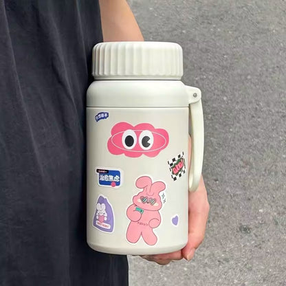 Cartoon cute high-value large-capacity new thermos stainless steel outdoor sports portable rope coffee cup