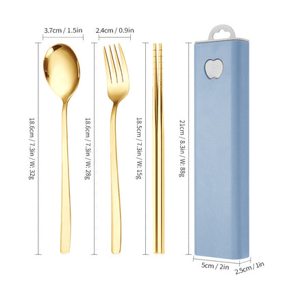 304 Stainless Steel Convenient Tableware Fork, Spoon and Chopsticks Three-Piece Set Outdoor Travel Student Storage Box Tableware Set