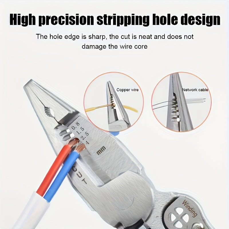 8-in -1 multifunctional wire stripper for electrician with power measurement, wire cutting, cable scissors, multi-purpose wire stripping, wire pressing and wire splitting pliers