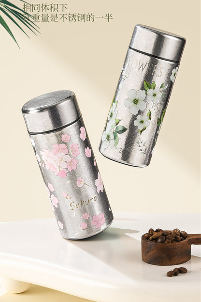 Pocket Insulated Cup Mini Compact Wave Cherry Blossom Rose Pure Titanium Coffee Mug Couple Portable Cute Healing Travel Companion