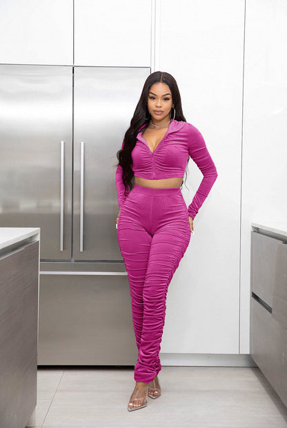 F185 European and American Women's Clothing Amazon Spring Two-piece Korean Velvet Solid Color Long Sleeve Navel Pleated Sports Suit