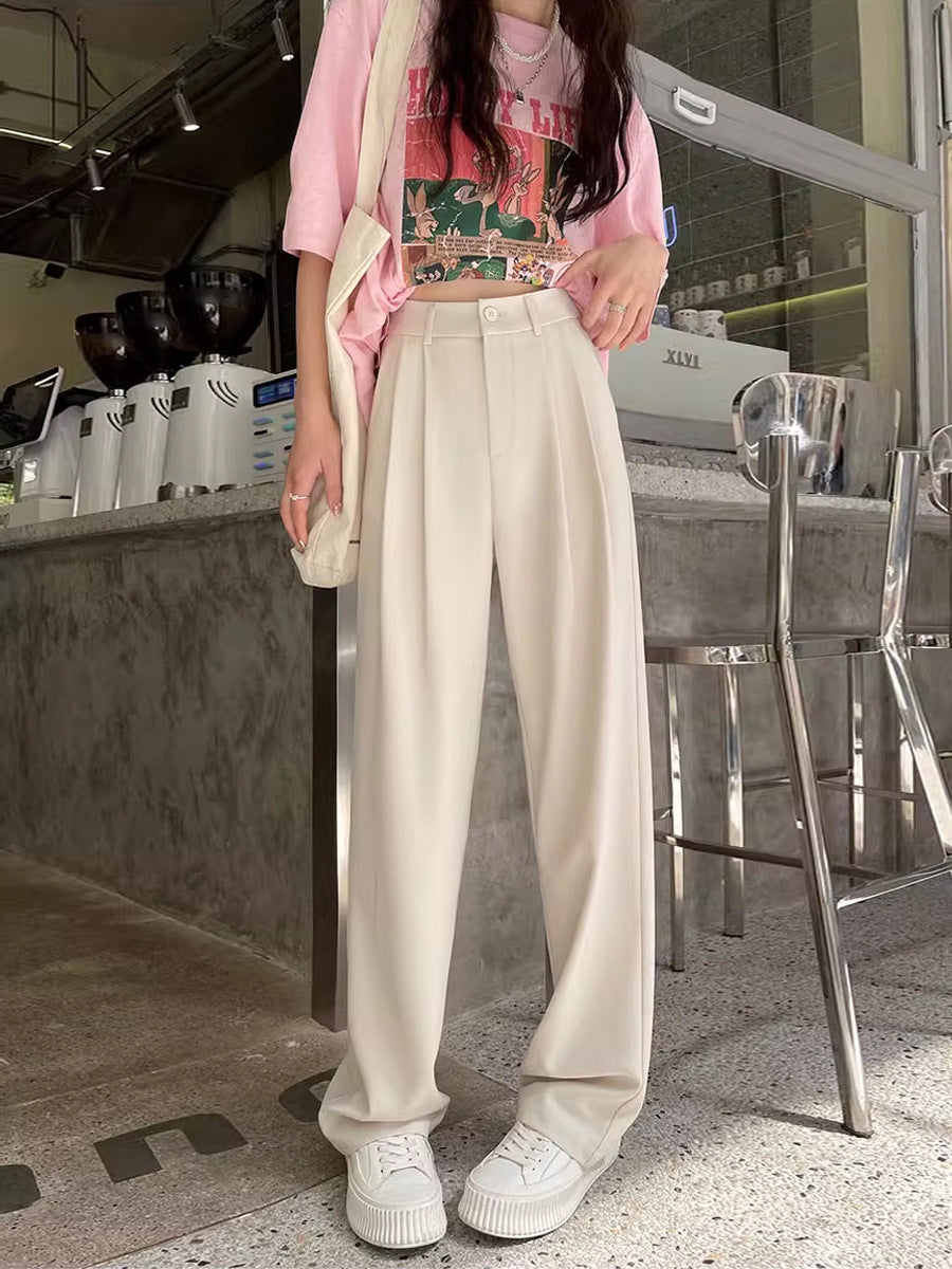 Gray Suit Pants for Women Spring and Summer New High-Waisted Double Pleated Slim Floor-Length Trousers Casual Straight Wide-Leg Pants