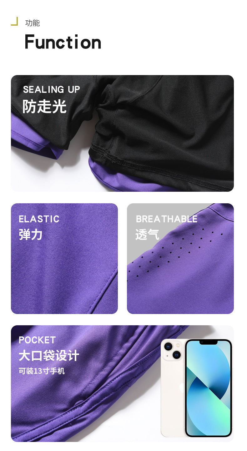 Men's Quick-drying Sports Shorts Fake Two-piece Fitness Triple Pants Marathon Running Pants Invisible Pocket for Mobile Phone