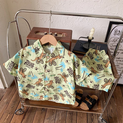 2026 New Children's Short-Sleeved Suit, Men's Short-Sleeved Shirt Suit, Short-Sleeved Shorts Beach Two-Piece Set