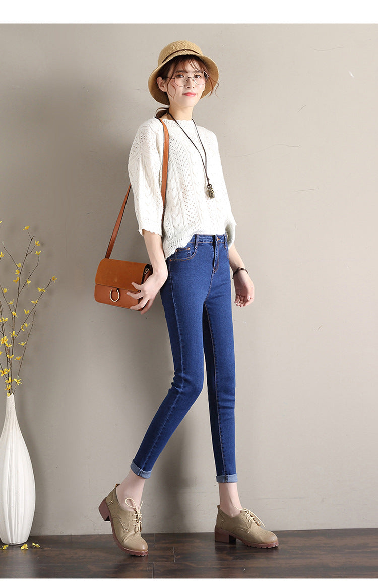 Dark Blue Jeans Women's 2023 New Summer High Waist Summer Thin Stretch Slim-Fit Small Feet Nine-point Tight