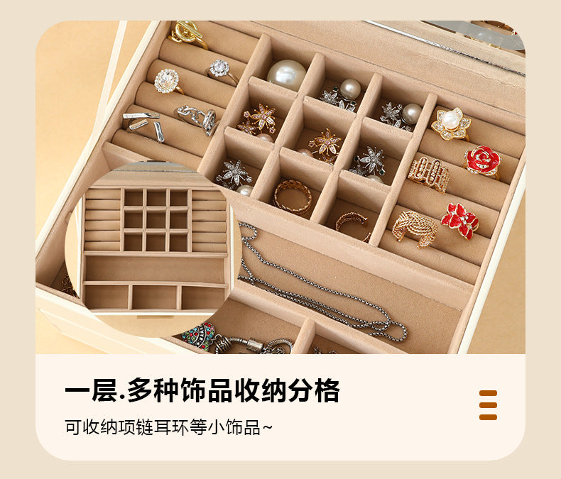 Cross-border PU three-layer cosmetic mirror with LED light high-end jewelry box earring ring necklace bracelet princess jewelry box