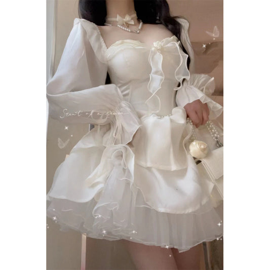 2026 Autumn Korean-Style Girl Group Dress with a Stylish Square Neckline, Waist-Cinching Design, Slimming Effect, Flared Sleeves, and Puffy Gown Dress by PDG ibma