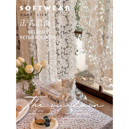 French-Style Retro Palace Lace Embroidery Cream Sheer Curtain for Bay Window, Light-Transmitting, No-Drill Partition Half Curtain Door Curtain